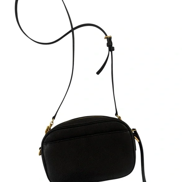 Tory Burch McGraw Camera Bag Black Pebbled Leather with Gold and Leather Chain